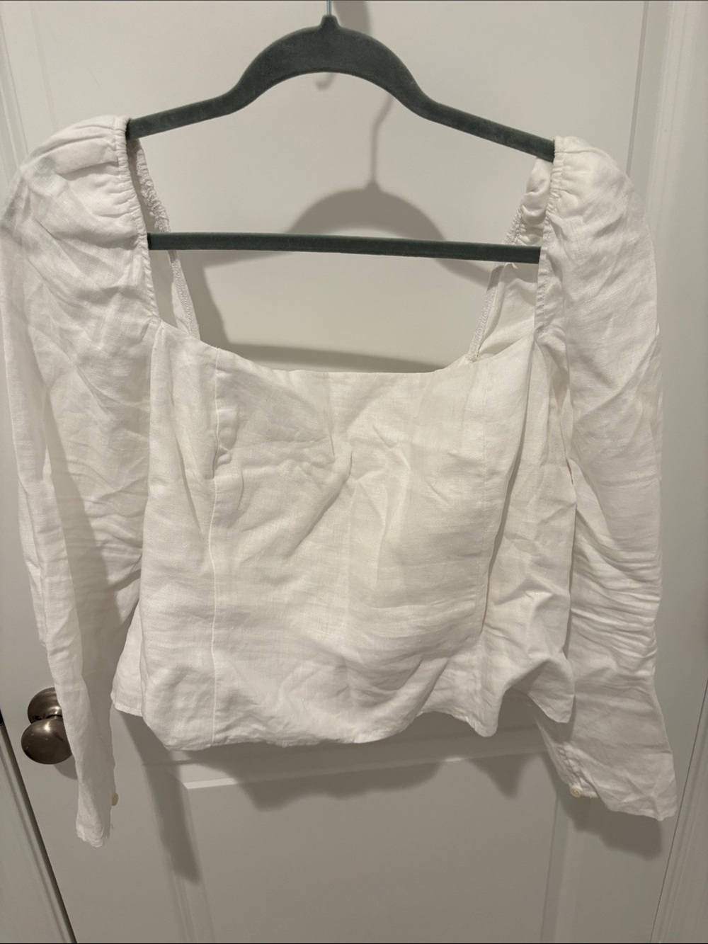 Reformation White Puff-Sleeve Square-Neck Long Sleeve Top